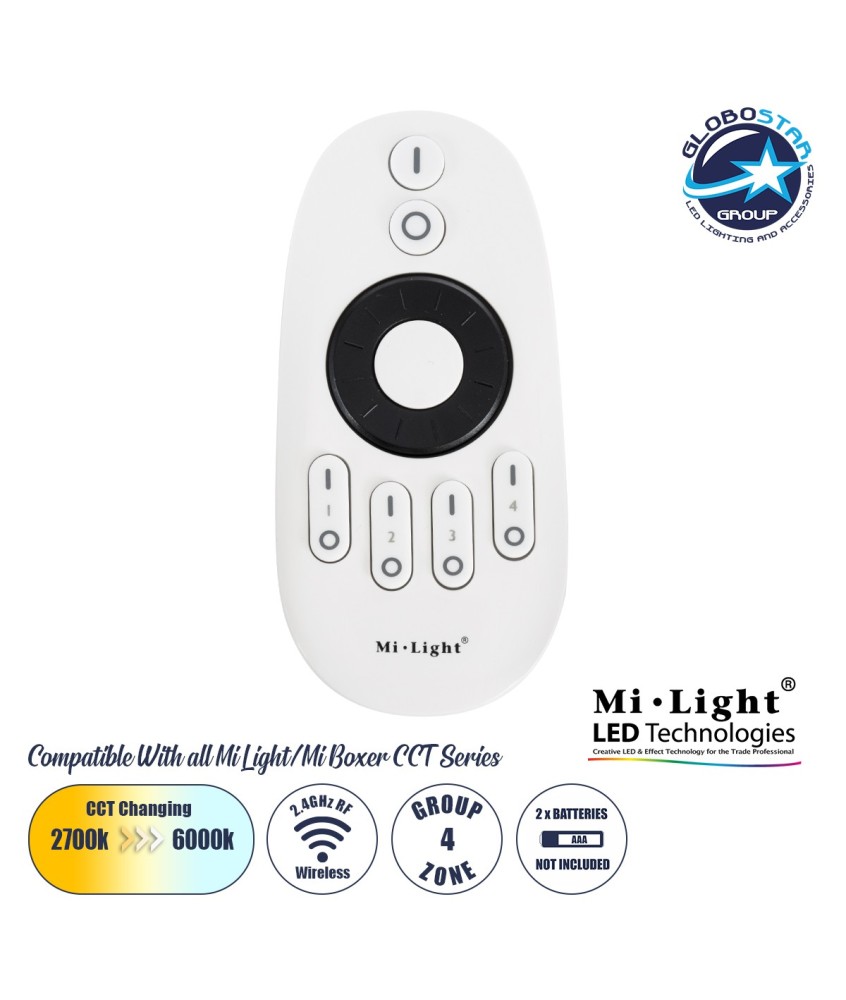 GloboStar® 71402 FUT006 Mi-Light Ασύρματο Χειριστήριο RF 2.4Ghz 4 Group για όλα τα Μονόχρωμα & CCT Mi-BOXER Controller DC 3V 2 x AAA - IP20 Λευκό Μ10.8 x Π5.4 x Υ2cm - 5 Years Warranty